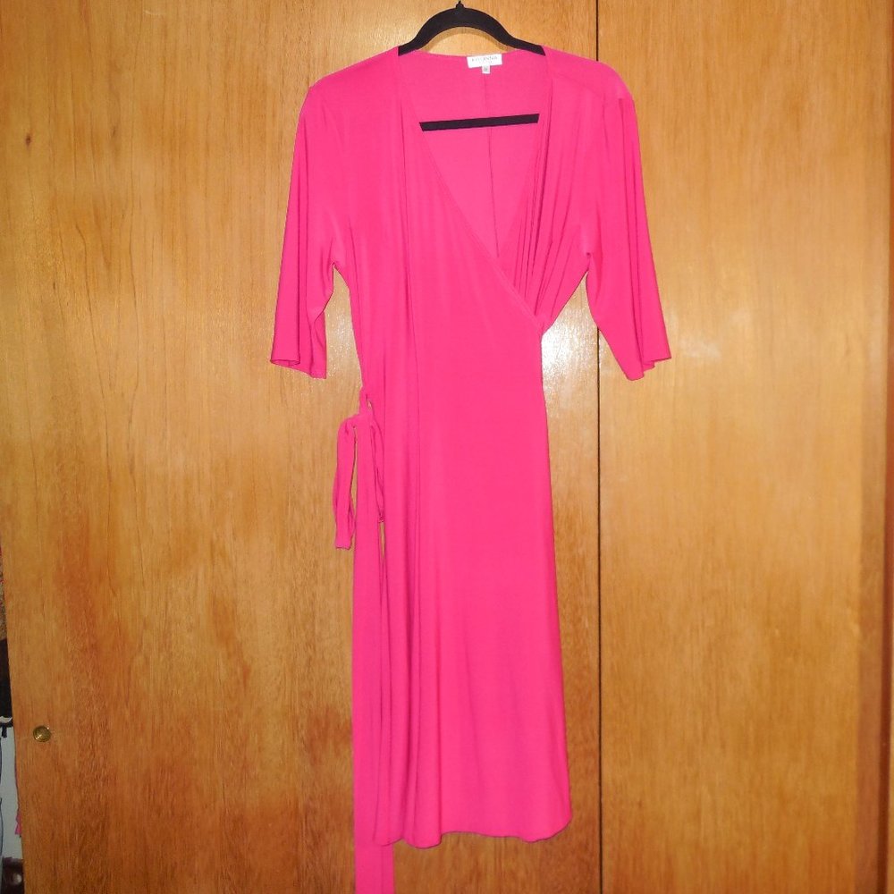 Kiyonna Essential Wrap Dress in coral red.